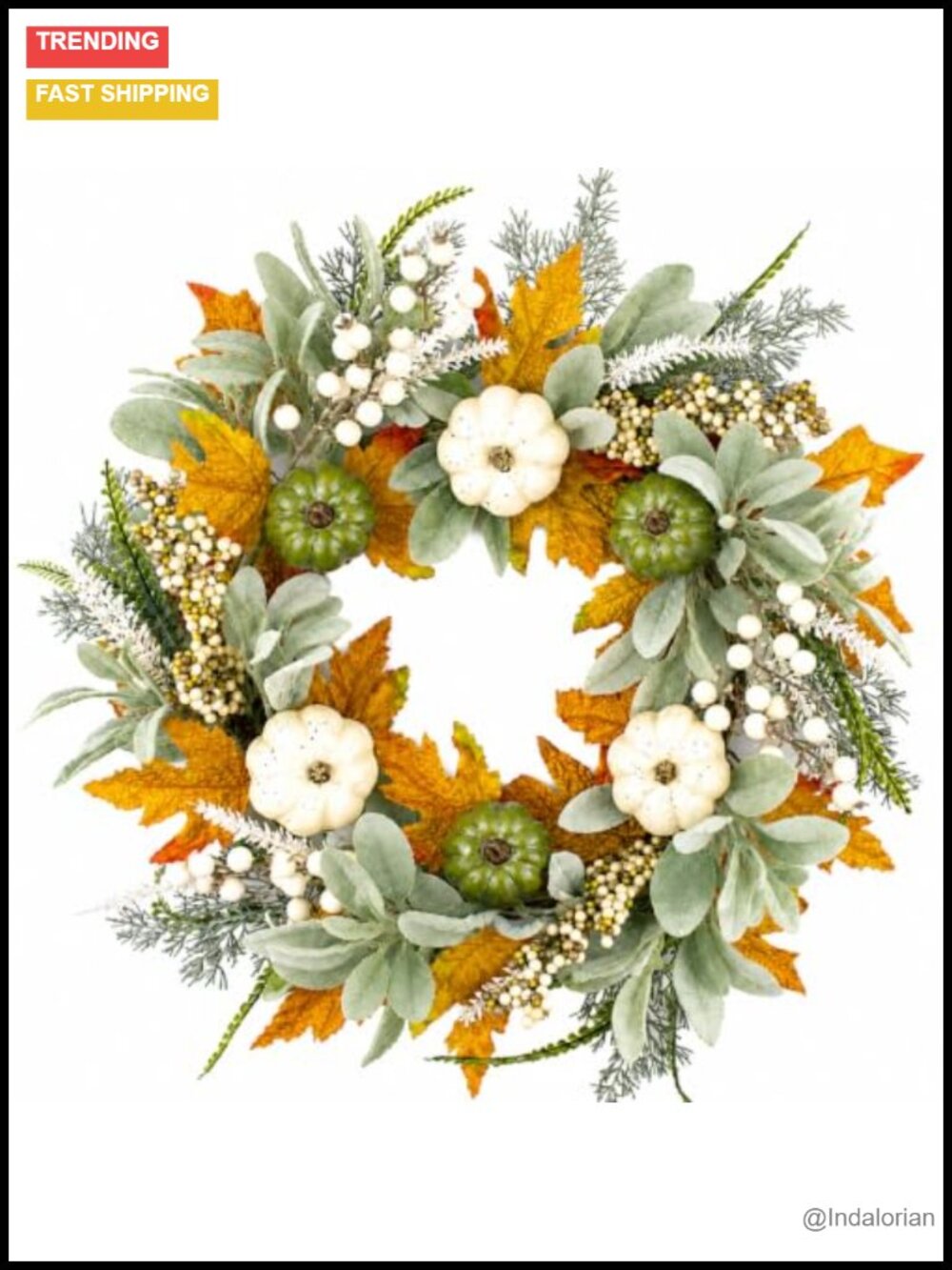 18 Inch Fall Wreath for Front Door Faux Maple Leaves Pumpkins Rattan Base